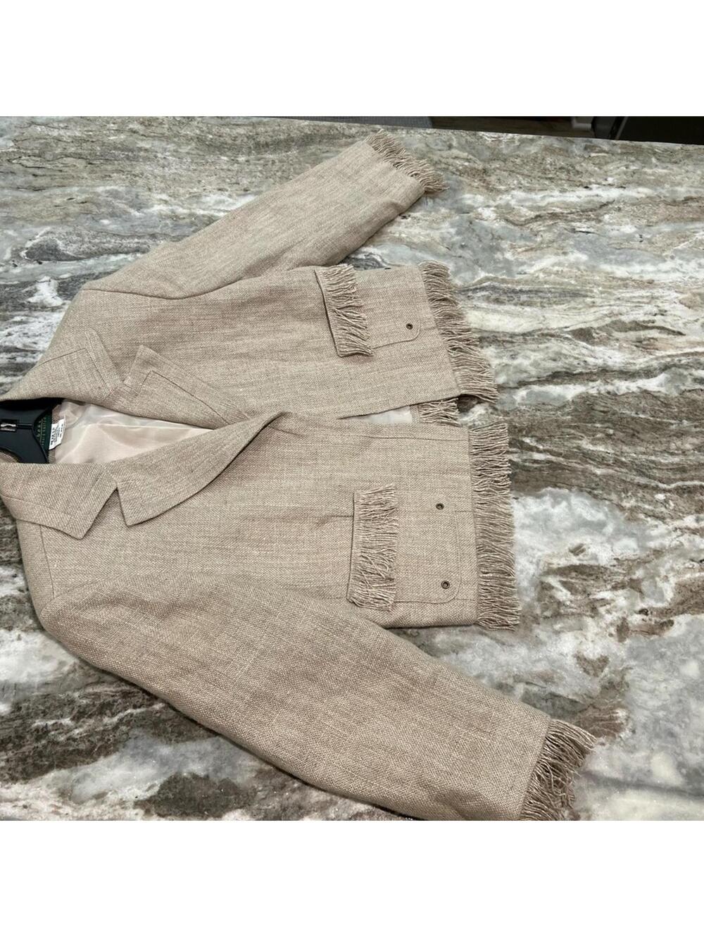 🤍 Harvé Benard 100% Linen Cropped Jacket | Fringe | Natural | Sz 12 EUC